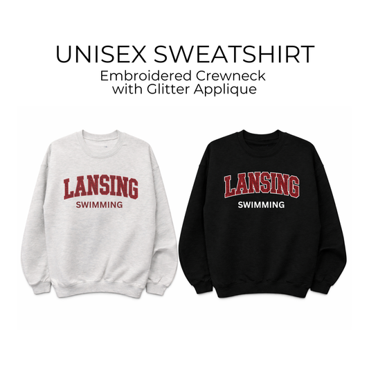Lansing Swim Embroidered Glitter Sweatshirt or Hoodie