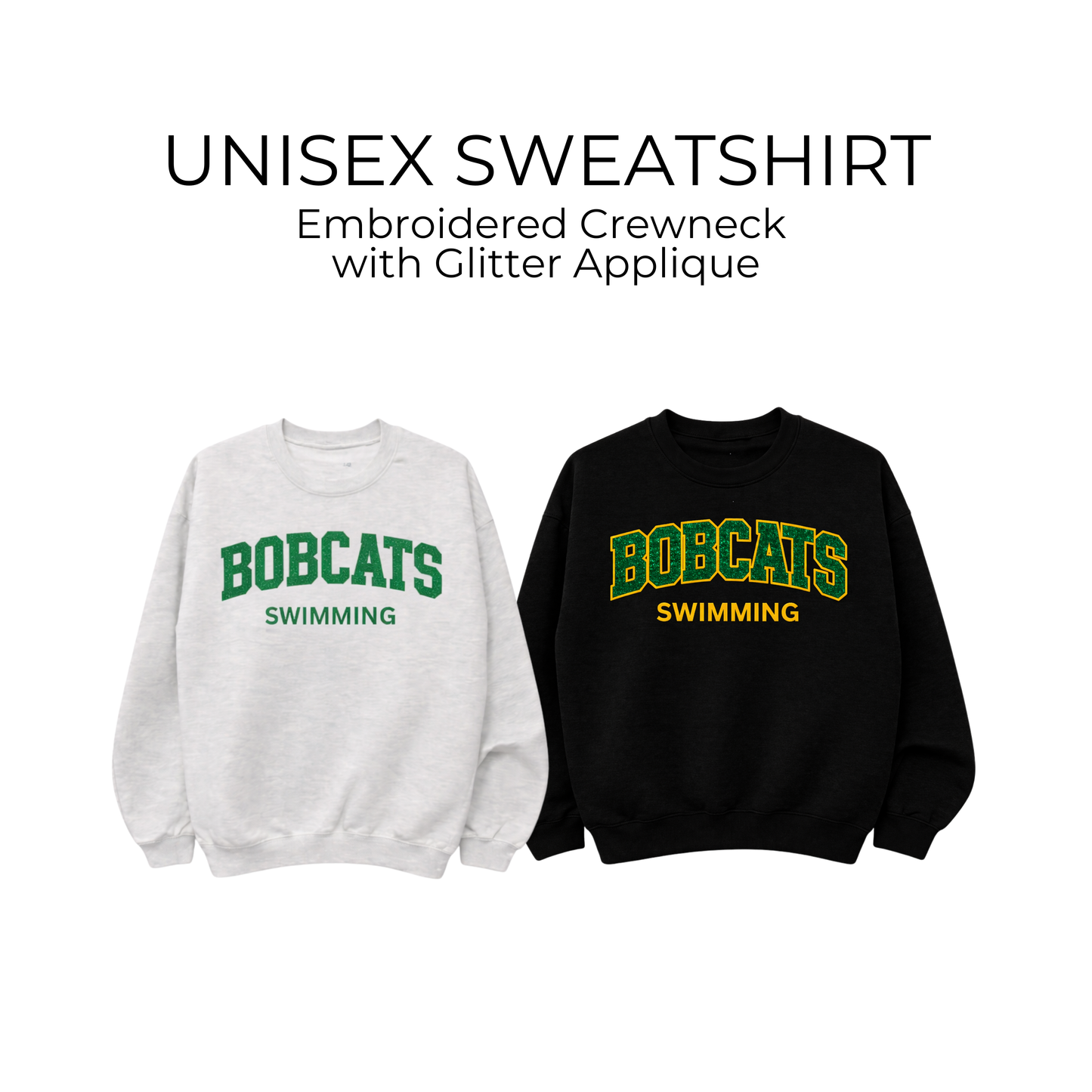 Bobcats Swim Embroidered Glitter Sweatshirt or Hoodie